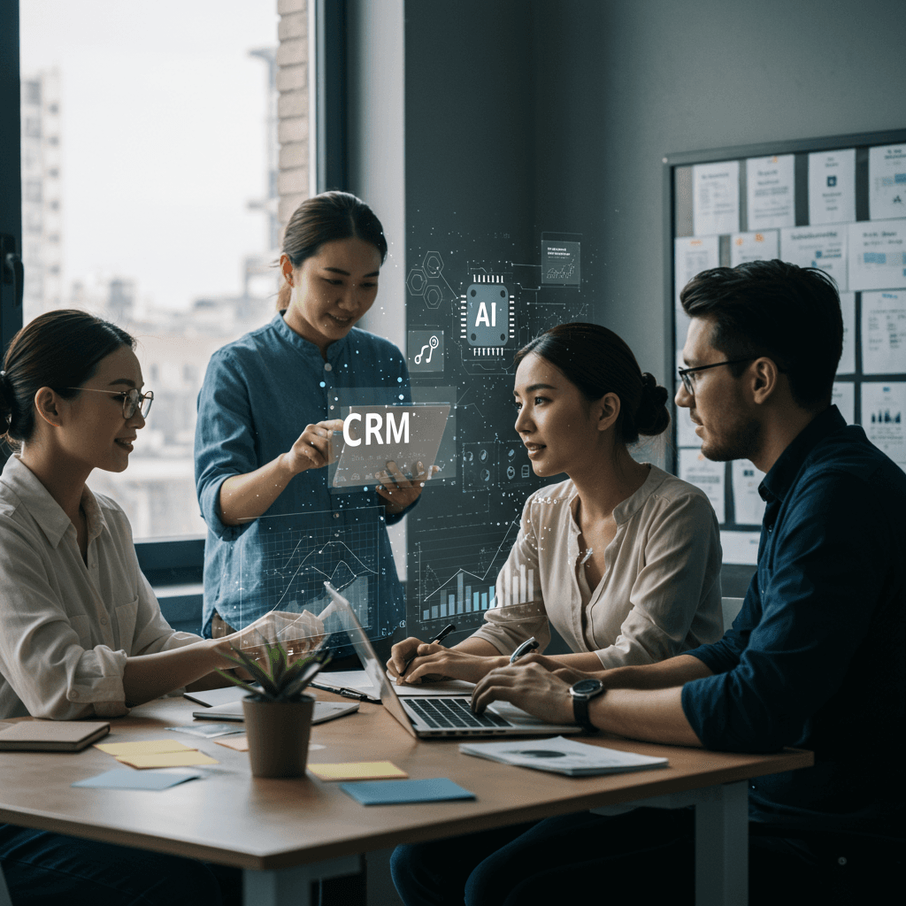 Diverse small business professionals collaborating with AI technology and CRM interfaces in a modern office, symbolising AI integration for SME growth and automation.