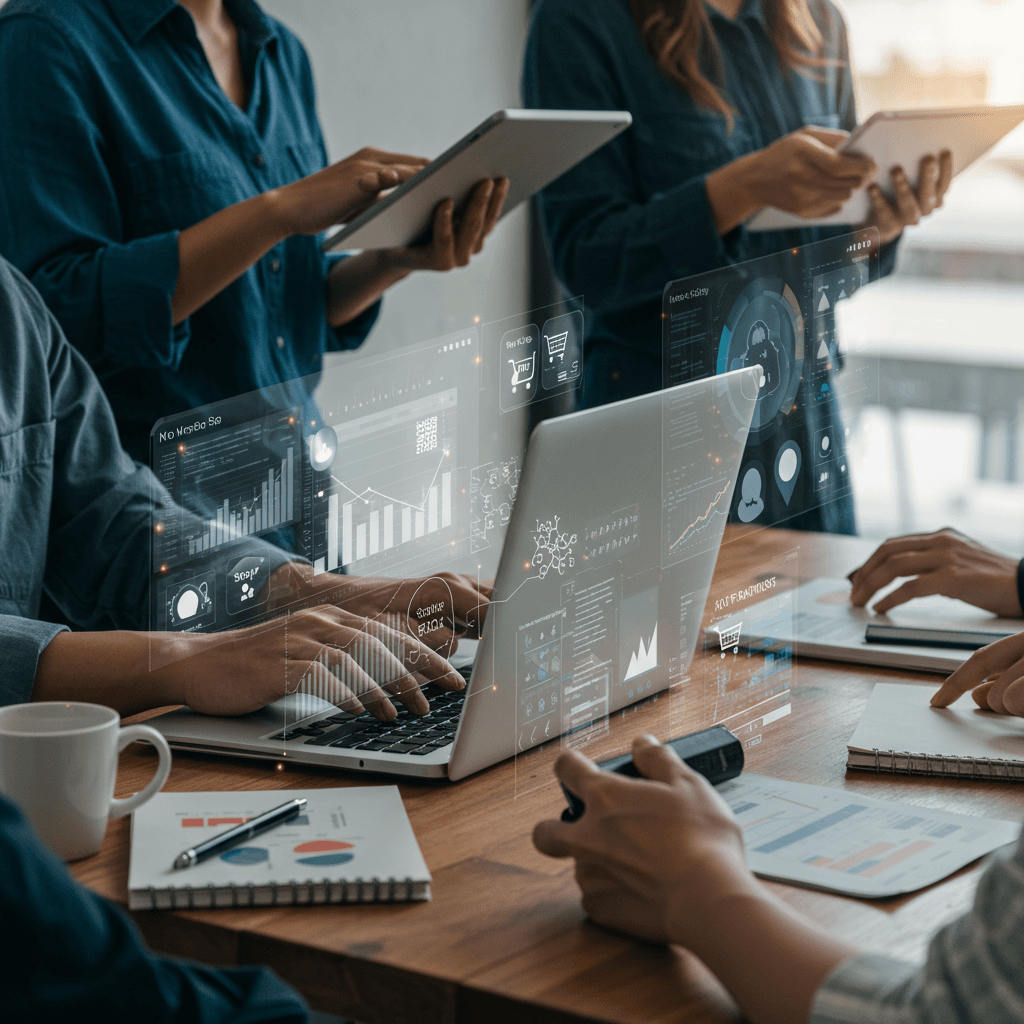 Diverse small business owners using AI technology on laptops and tablets, illustrating no-code AI automation for sales on Shopify and WordPress platforms in a modern office environment.