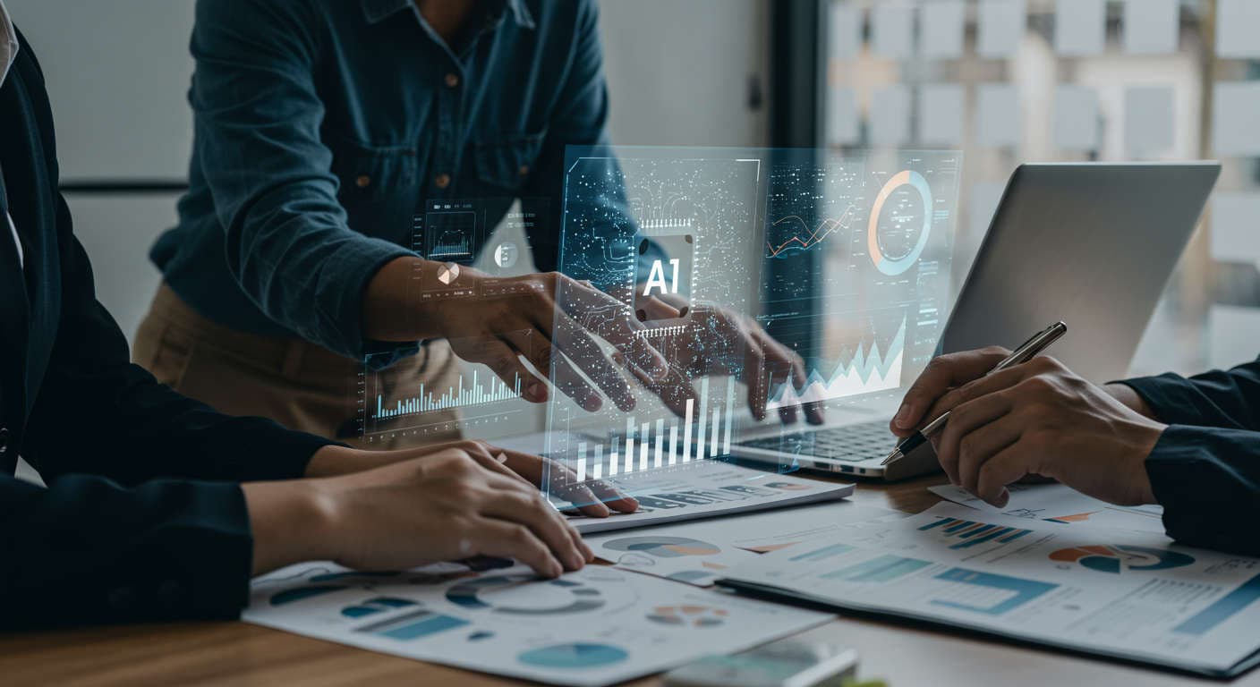 Diverse small business owners and startup entrepreneurs using AI automation dashboards to optimise ROI in a modern office setting