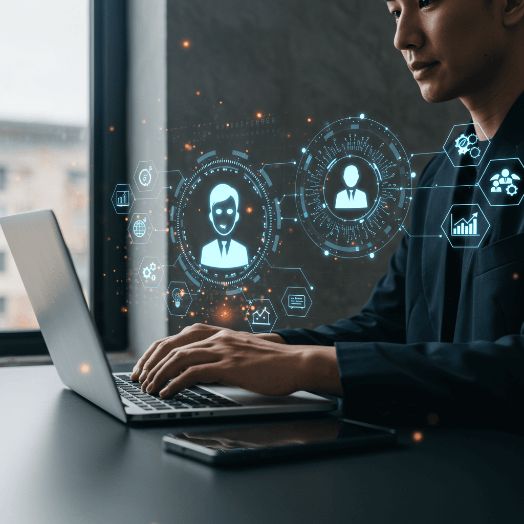 Small business owner working on laptop with AI virtual employee hologram, symbolising compliance automation and regulatory monitoring for SMEs