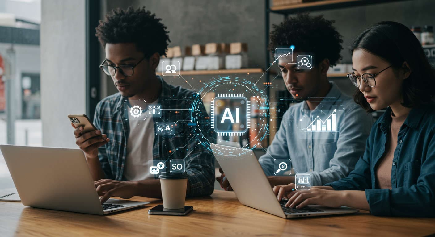 Diverse small business owners and startup entrepreneurs using AI technology for lead generation and content automation across various industries in a modern workspace.