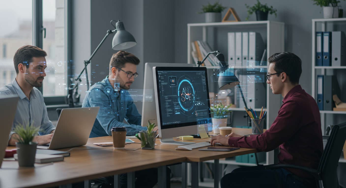 A modern small business office with diverse team members working alongside AI virtual assistants, symbolising AI automation, SEO, and marketing growth in a professional setting