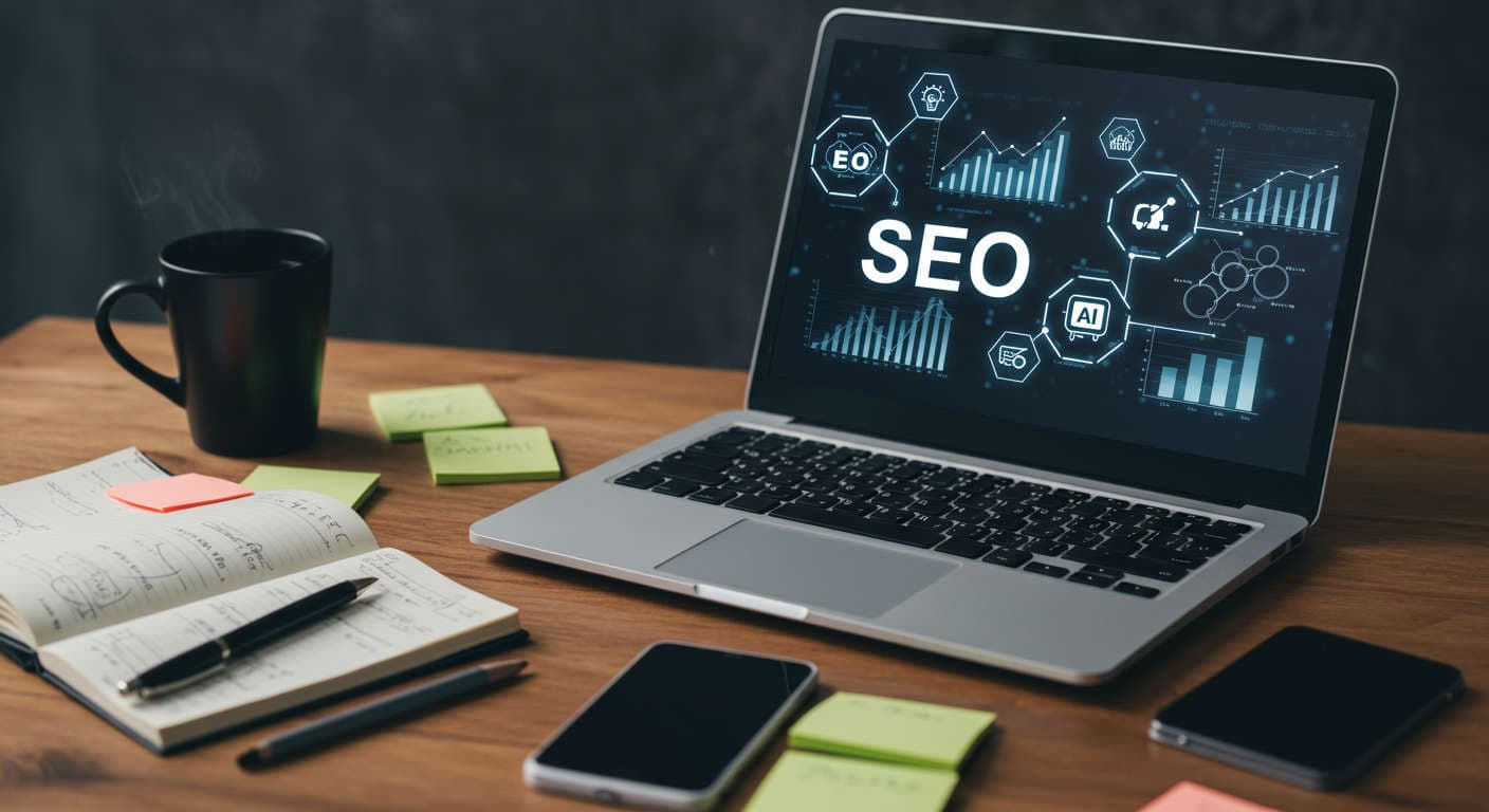 Modern office workspace with laptop showing SEO analytics and AI automation software, representing AI-powered daily SEO content automation for SMBs and startups
