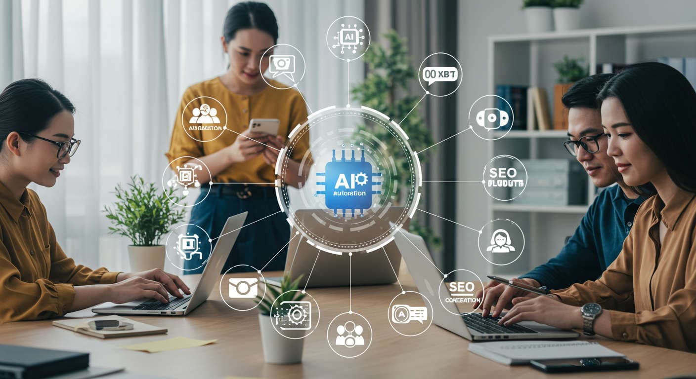 Diverse small business owners and startup founders using AI technology with icons of AI automation, virtual employees, WordPress and Shopify plugins, SEO content creation, and ecommerce in a modern vibrant setting symbolising innovation and growth