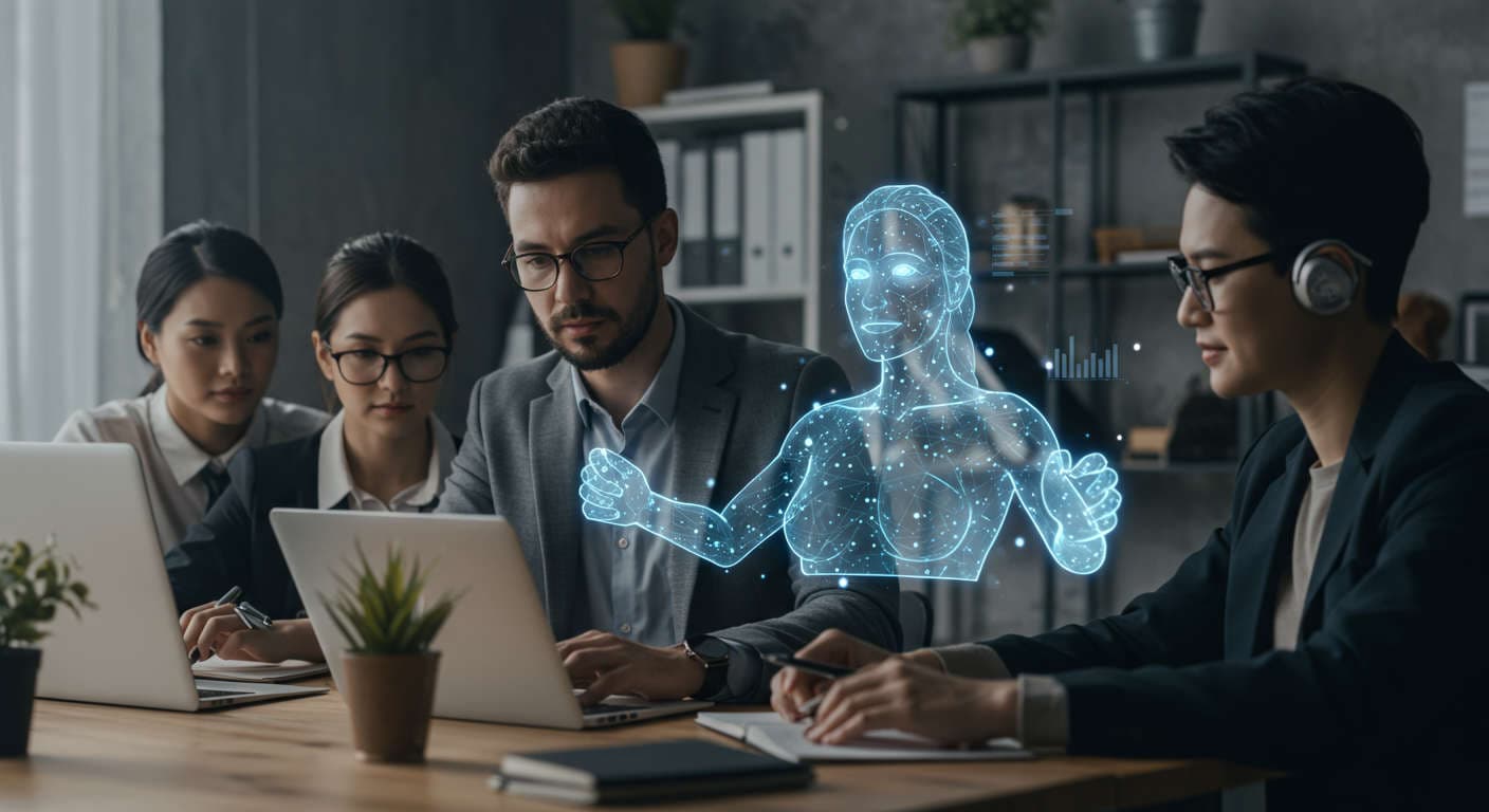 Diverse small business team collaborating with a futuristic AI virtual employee hologram in a modern office, symbolising AI automation and productivity for SMBs and startups