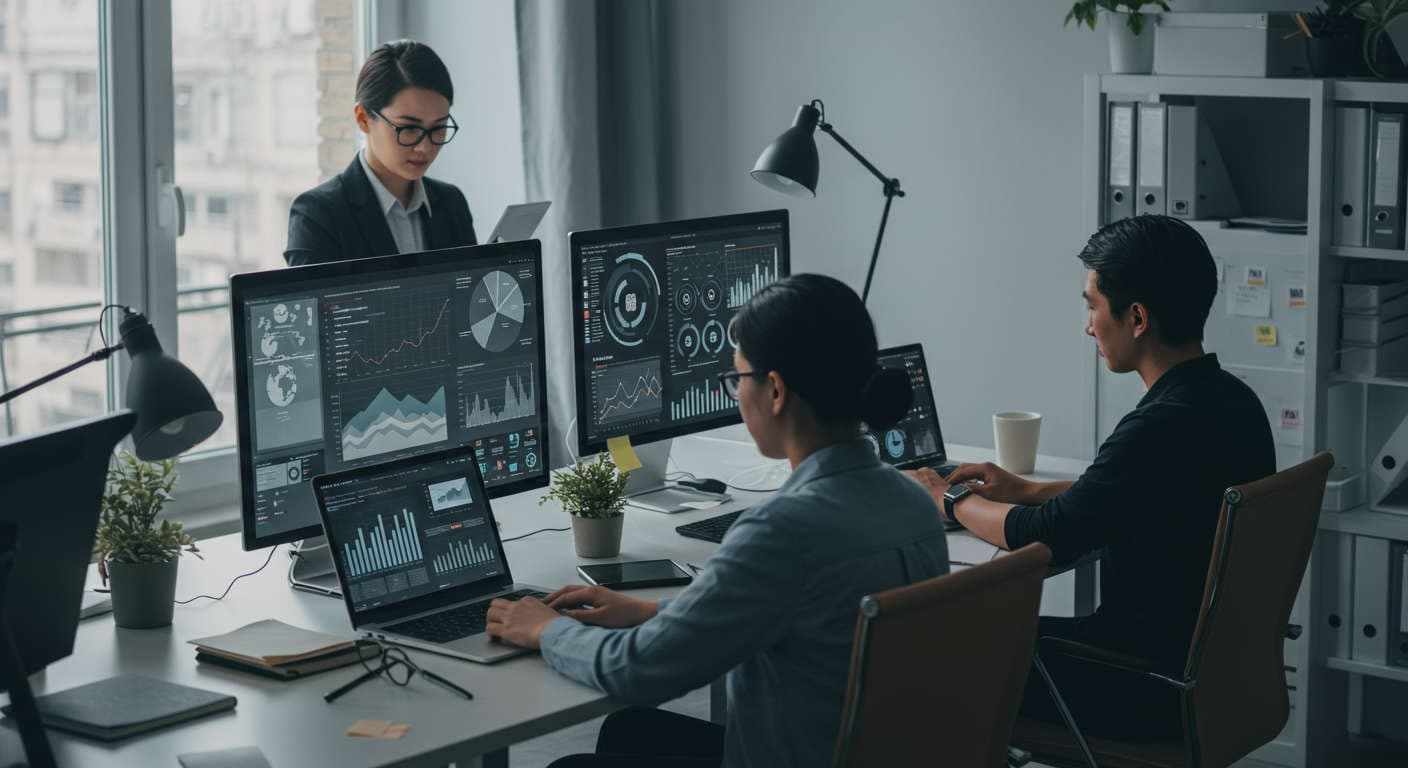 A modern small business office with a diverse team analysing data on digital devices, symbolising AI automation and ROI measurement for SMBs.