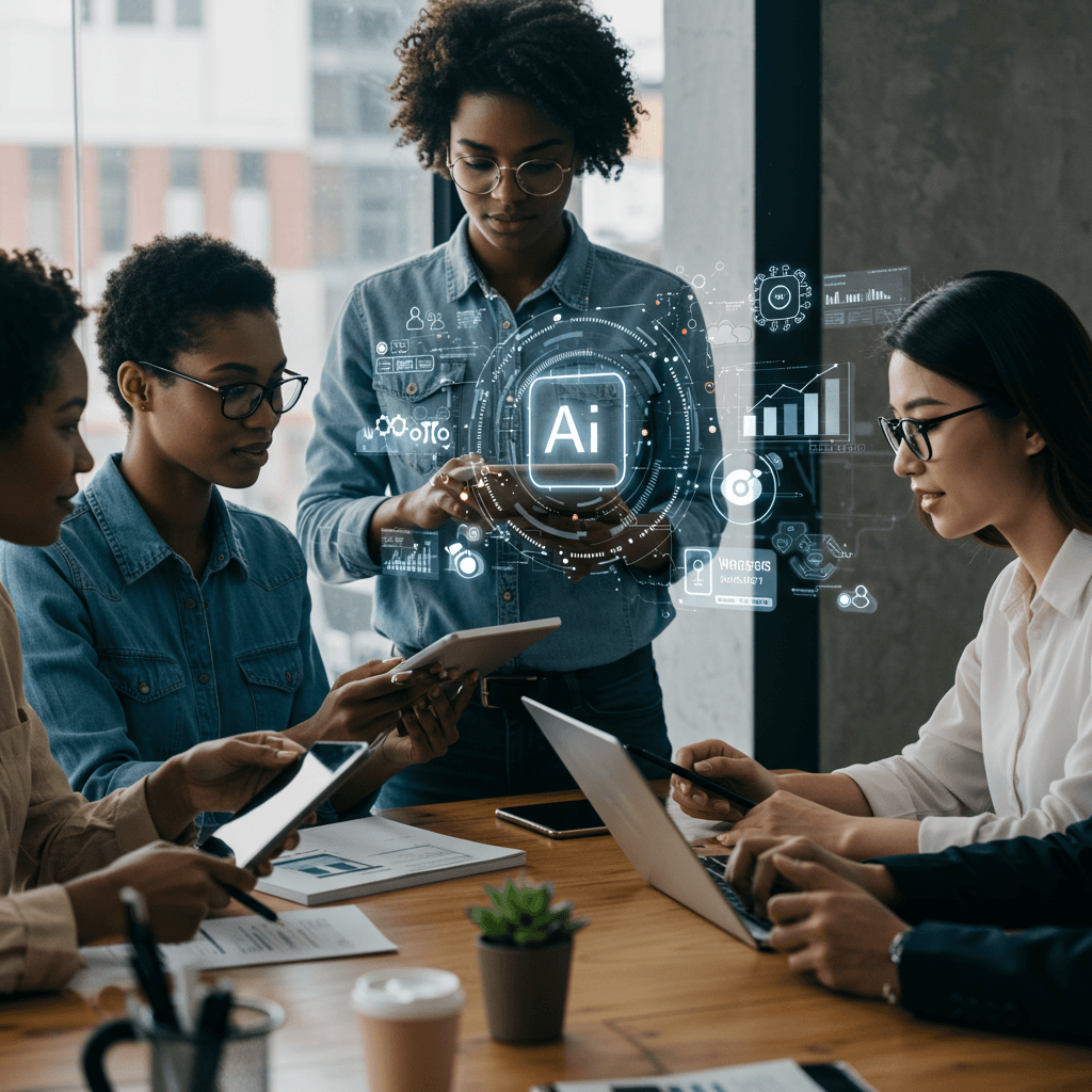 Diverse small business owners using AI virtual assistants and digital automation tools with WordPress and Shopify integration in a modern office environment