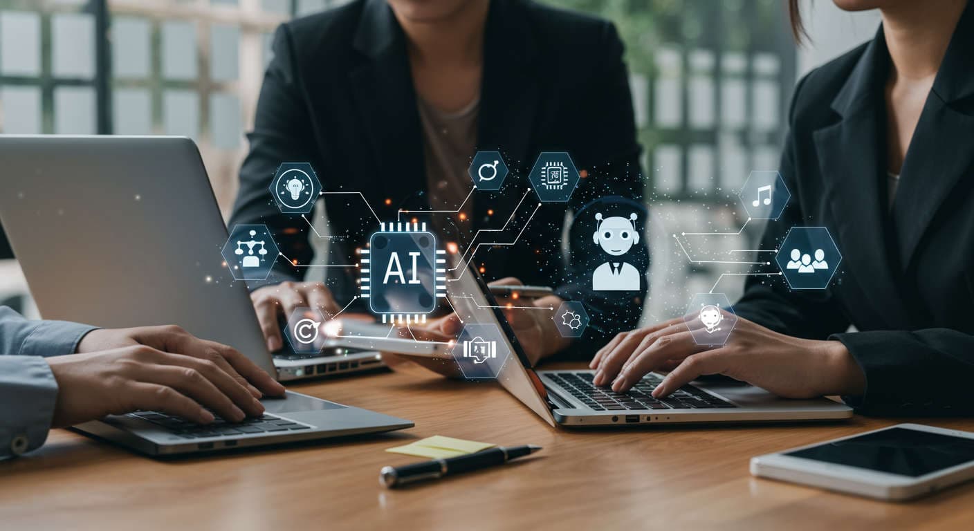 Small business owners using AI technology with digital icons of chatbots and automation in a modern office setting