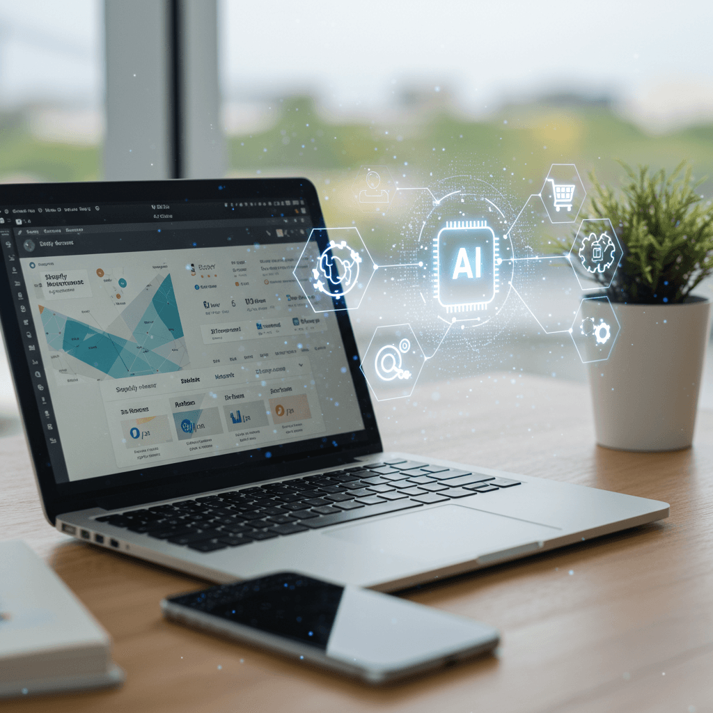 Modern small business workspace with laptop and smartphone showing Shopify and WordPress dashboards, surrounded by AI and automation icons symbolising AI-powered inventory management for SMEs