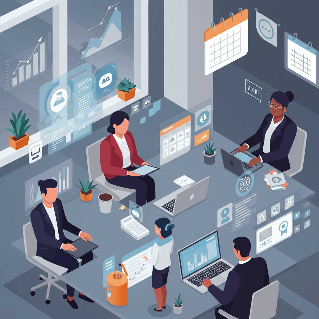 Diverse SME owners collaborating with AI virtual assistants in a modern office, representing AI automation and digital transformation for small businesses.