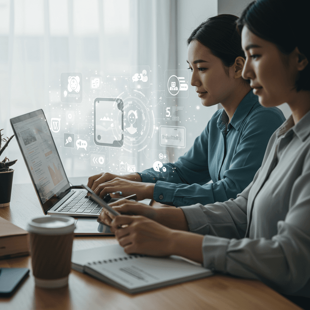 Diverse small business team using AI technology for content creation and marketing automation in a modern office with WordPress and Shopify integration elements