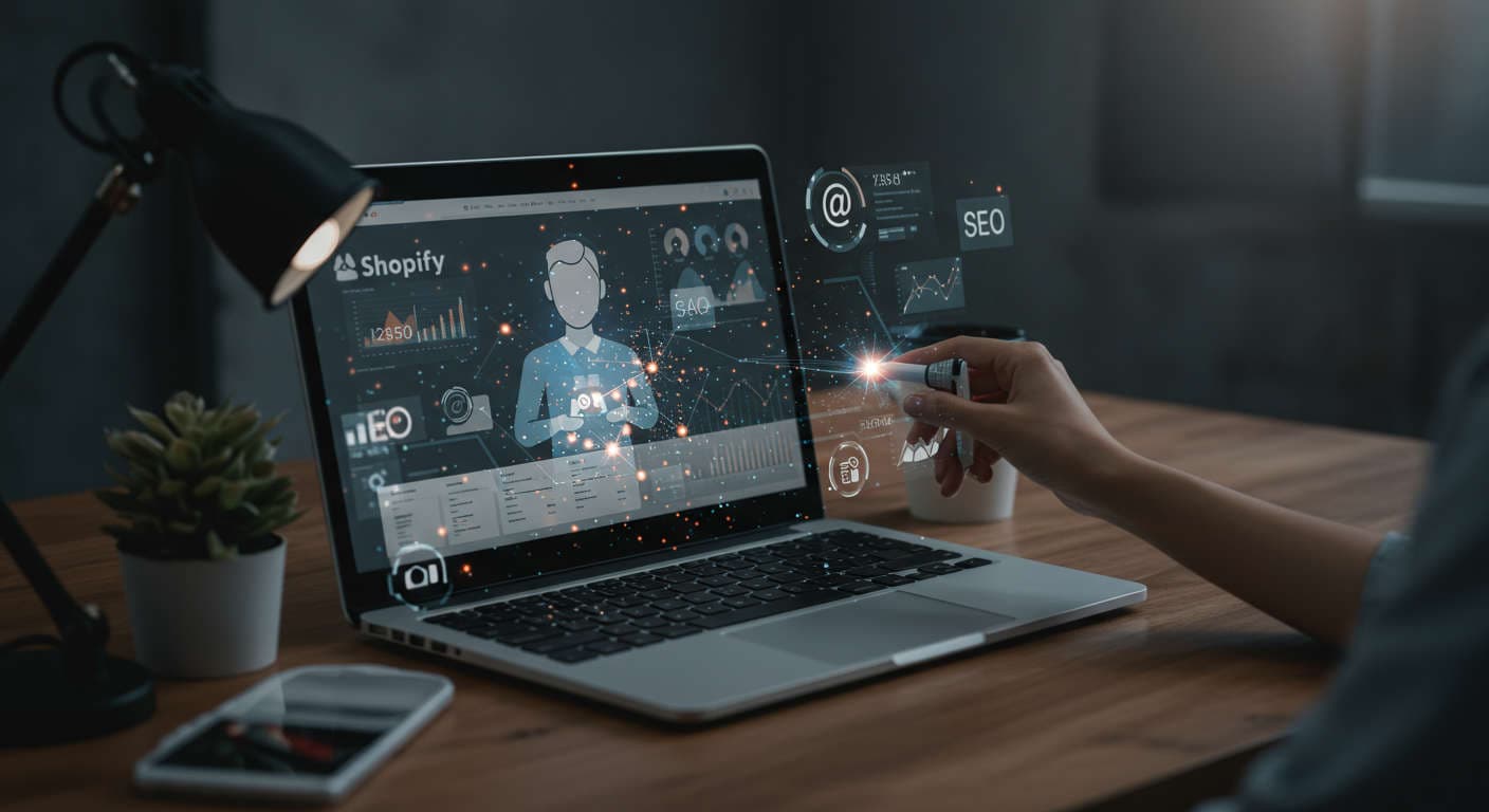Modern ecommerce workspace with laptop showing Shopify dashboard and AI virtual employee hologram assisting digital marketing tasks including SEO, email campaigns, and analytics in a vibrant, futuristic style