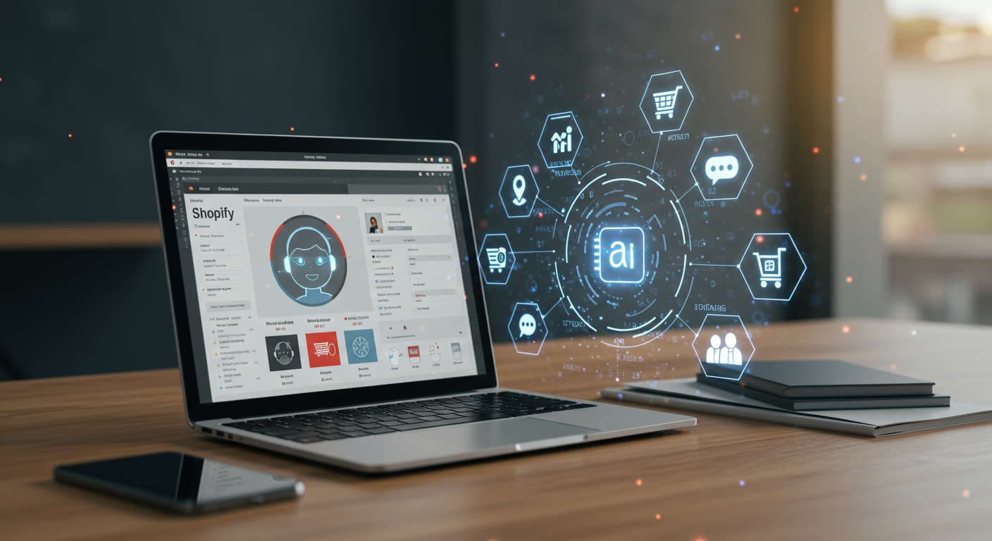 Modern e-commerce workspace with laptop showing Shopify dashboard and AI virtual assistant hologram, representing AI-driven lead generation and sales automation