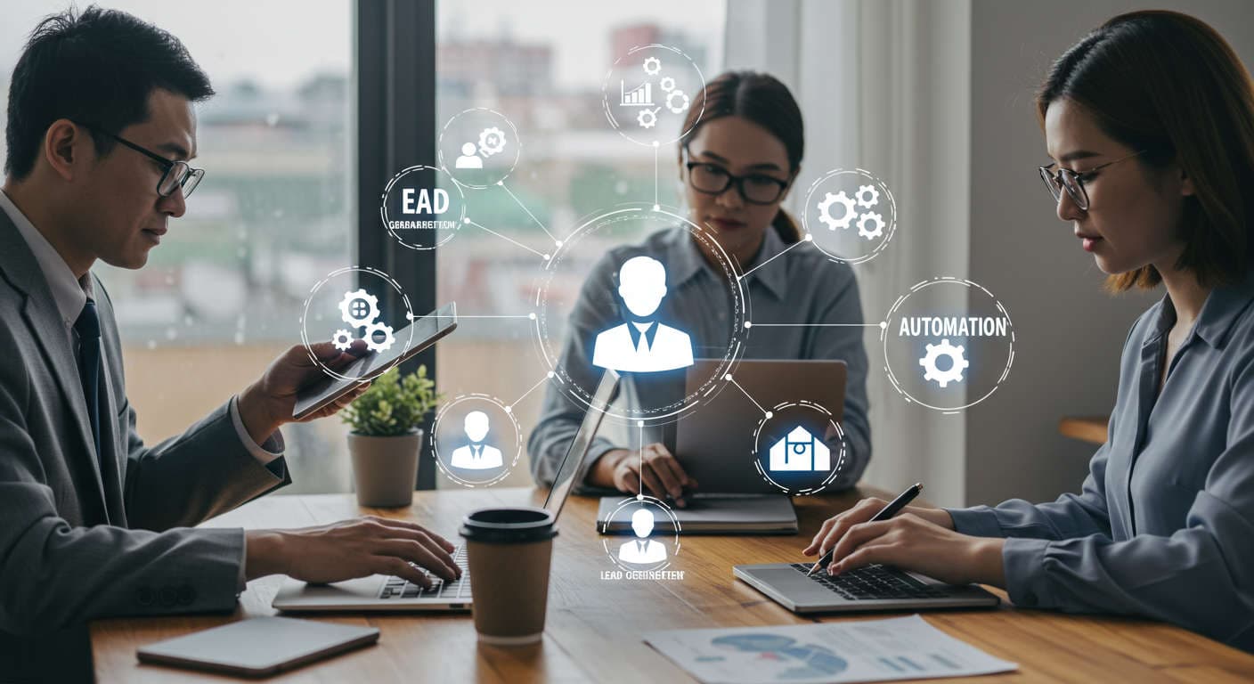 Diverse small business owners and startup founders using AI virtual employees on laptops and tablets, with icons representing lead generation, organic traffic growth, SEO, and automation in a modern professional setting