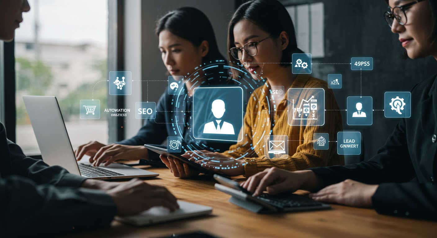 Diverse small business owners and startup founders using AI virtual employees for automation and growth in a modern office setting
