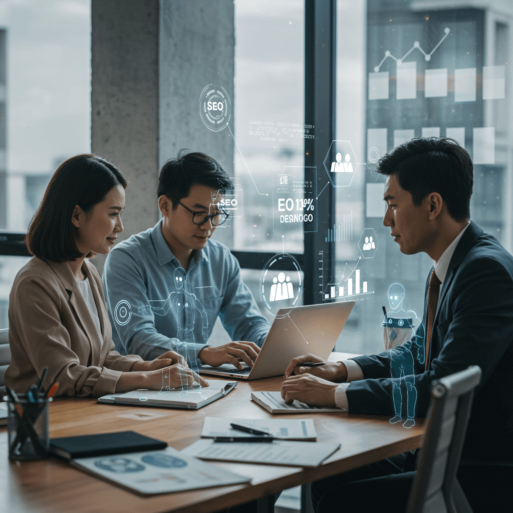 Diverse small business owners collaborating with AI agents in a modern office, with digital graphs and automation icons symbolising AI-driven SME growth and productivity