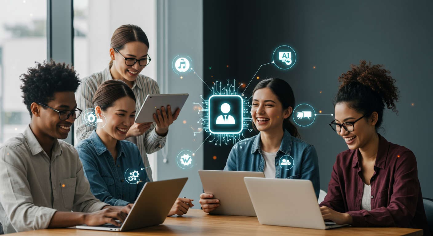 Diverse small business owners using laptops and tablets with digital icons of AI virtual employees, WordPress and Shopify logos, symbolising no-code AI automation for business growth