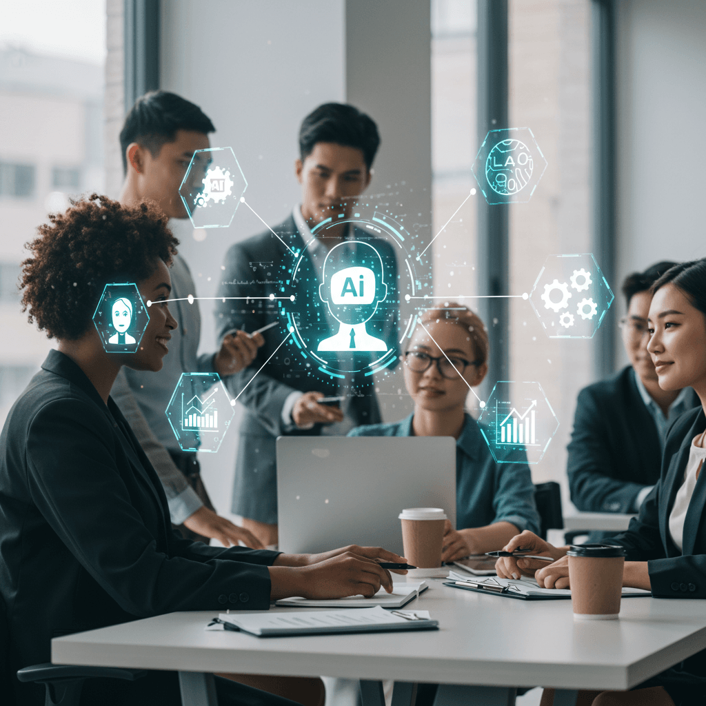 Diverse small business owners collaborating in a modern office with digital AI and automation icons symbolising no-code AI agents for business growth and automation
