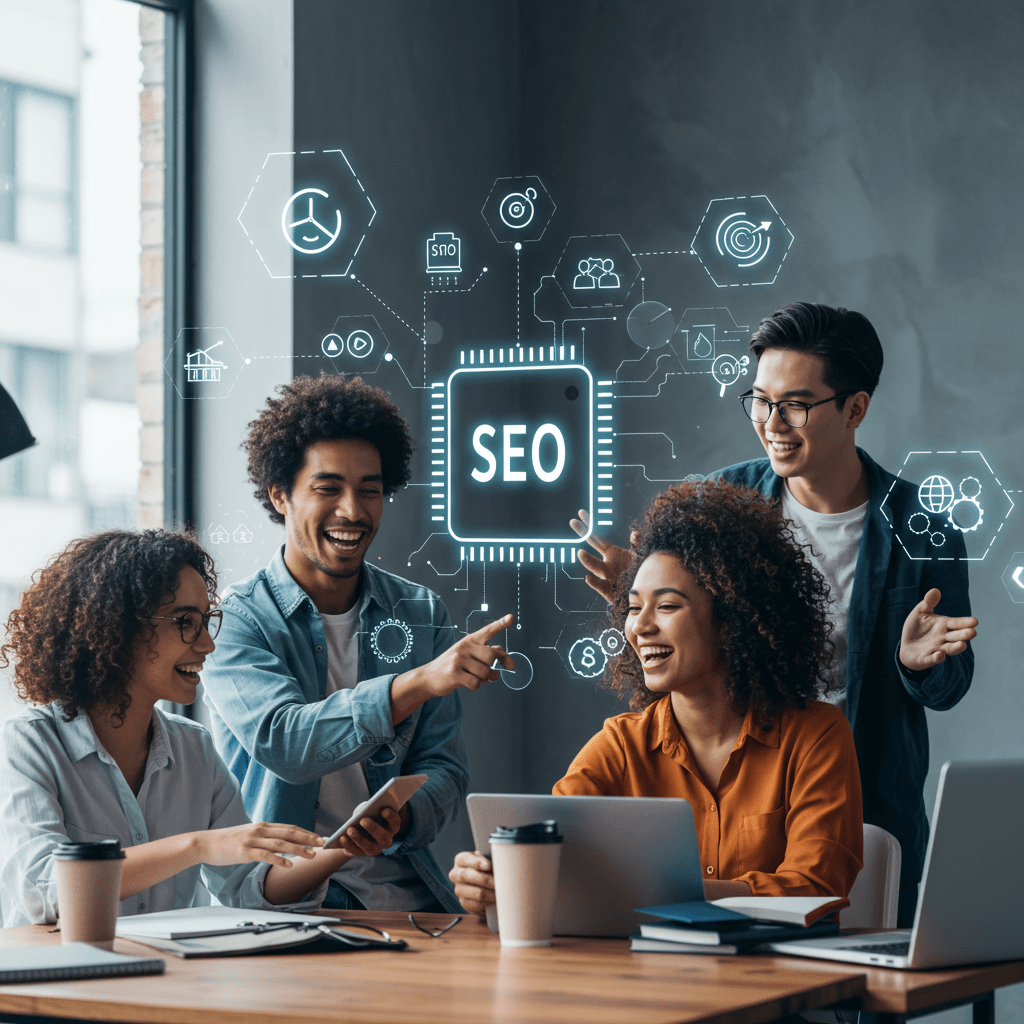 Diverse small business owners collaborating with AI technology, surrounded by digital icons of SEO growth and automation in a modern office setting