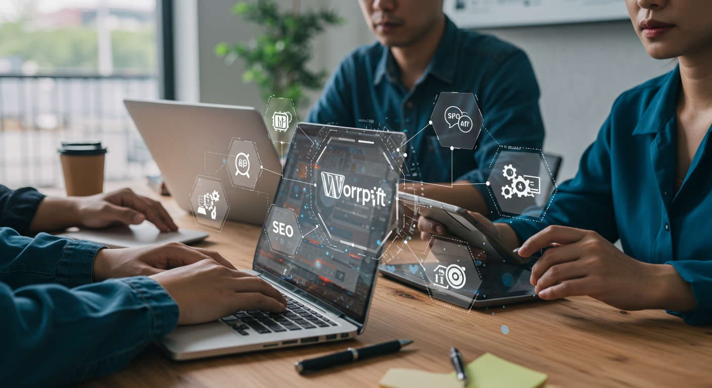 Small business owners and startup entrepreneurs using WordPress and Shopify on laptops with AI automation icons representing workflow automation, SEO, inventory, and marketing tasks in a modern office setting