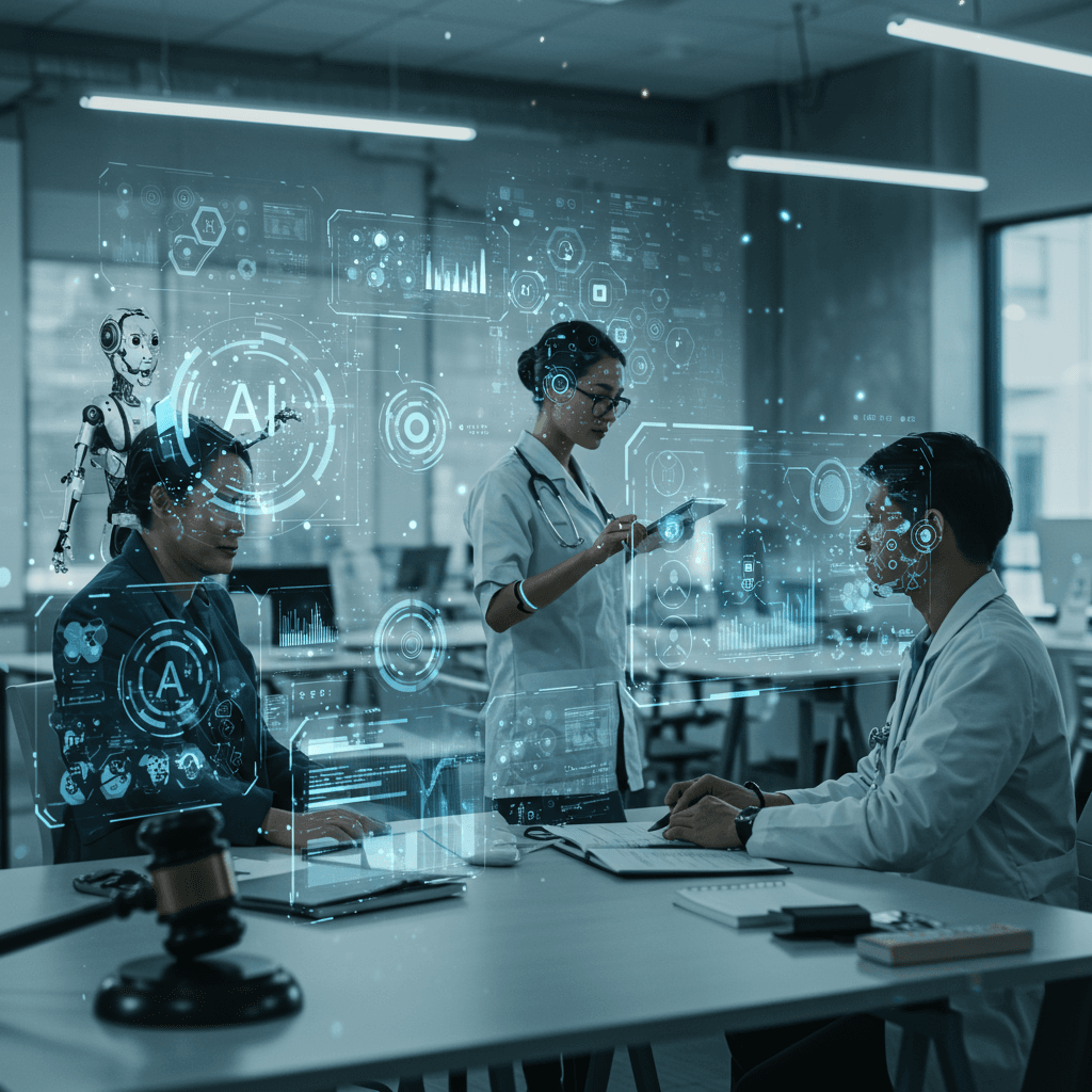 Futuristic professional office environment with diverse AI virtual employees and human professionals collaborating, representing law, medicine, and psychology with holographic interfaces and digital data streams.