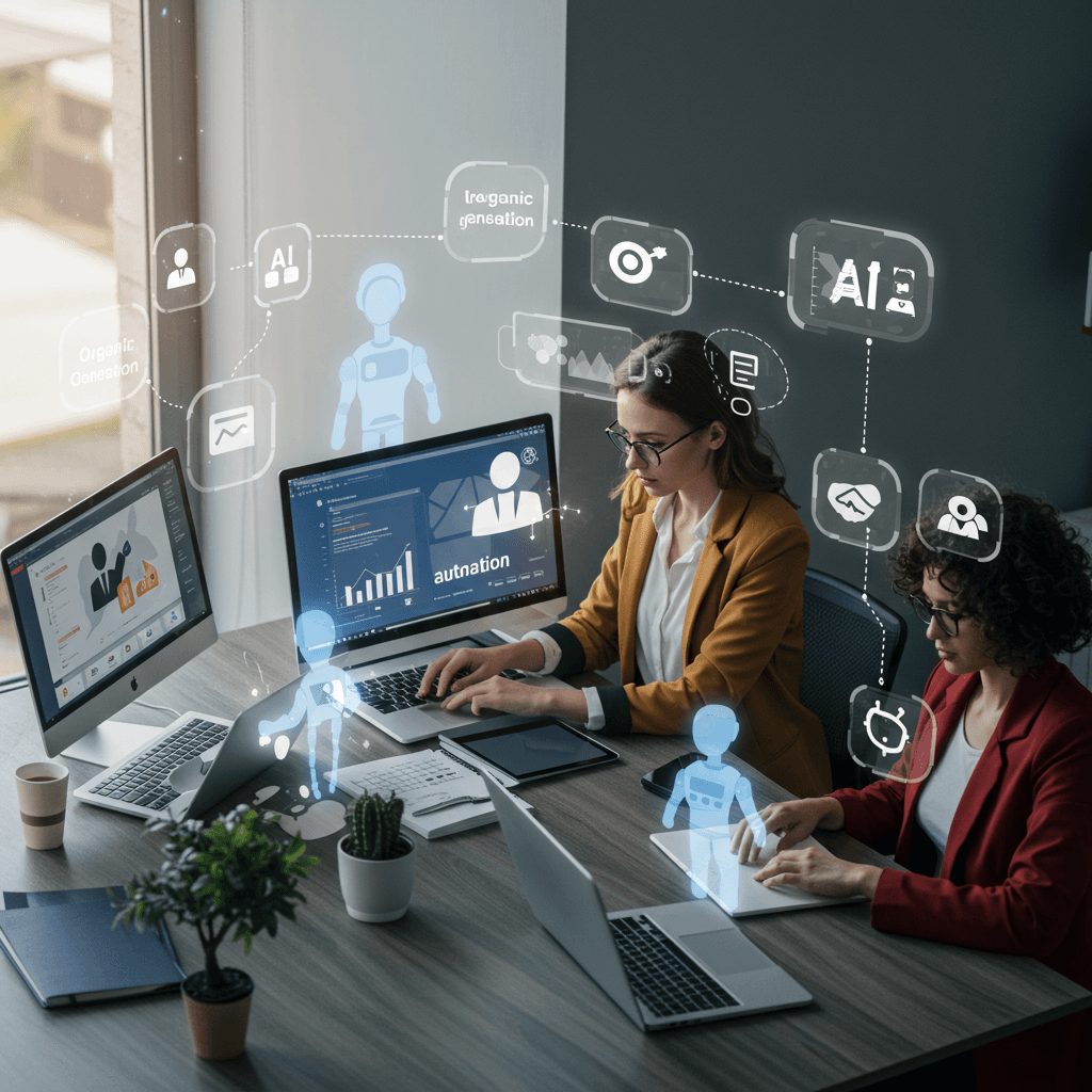 Diverse small business owners and startup entrepreneurs collaborating with AI virtual employees on digital devices, surrounded by icons of AI automation, lead generation, and organic traffic growth in a modern workspace.