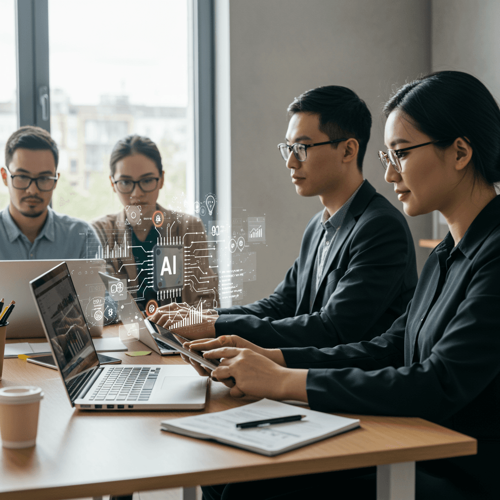 A diverse small business team collaborating with AI technology on laptops and digital devices in a modern office, representing AI workflow automation for SMEs.