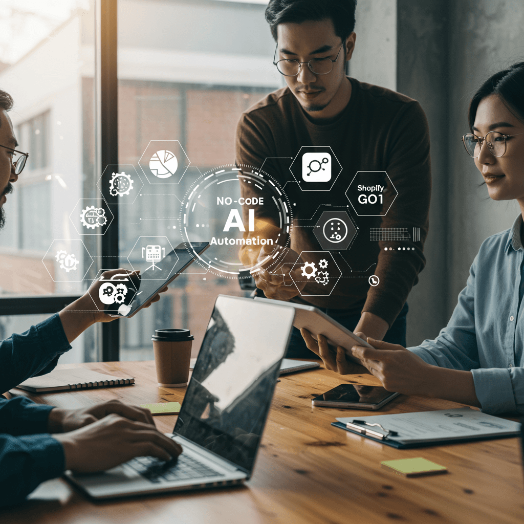 Diverse small business team working with AI automation tools on laptops and tablets in a modern office, with digital icons representing no-code AI marketing automation and Shopify and WordPress integration.