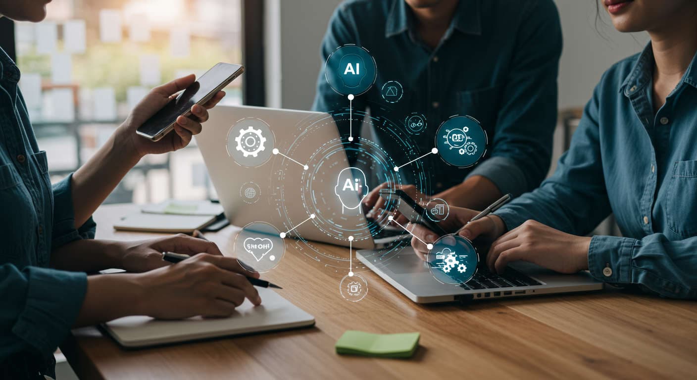 Diverse small business owners using no-code AI agents on laptops and mobile devices, symbolising automation, cost savings, and time efficiency in a modern office environment