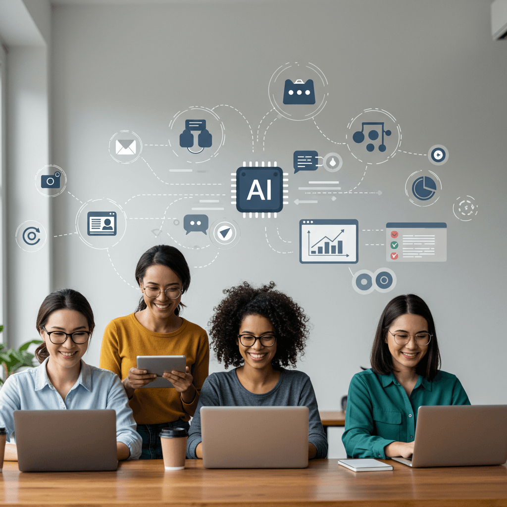 Diverse small business owners and startup entrepreneurs using AI technology for marketing automation with digital marketing icons representing lead and traffic growth around them