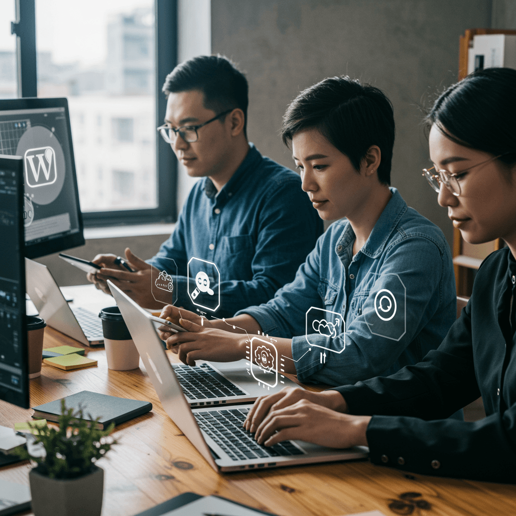 Diverse SME owners collaborating with AI technology and WordPress integration in a modern office setting, symbolising automation and business growth