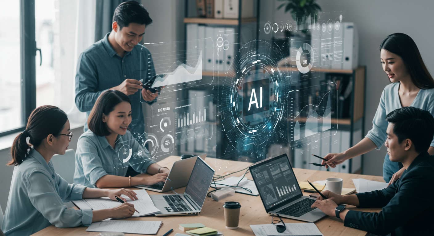 Small business owners and startup founders collaborating with AI technology, digital analytics and SEO data displayed on screens in a modern office setting
