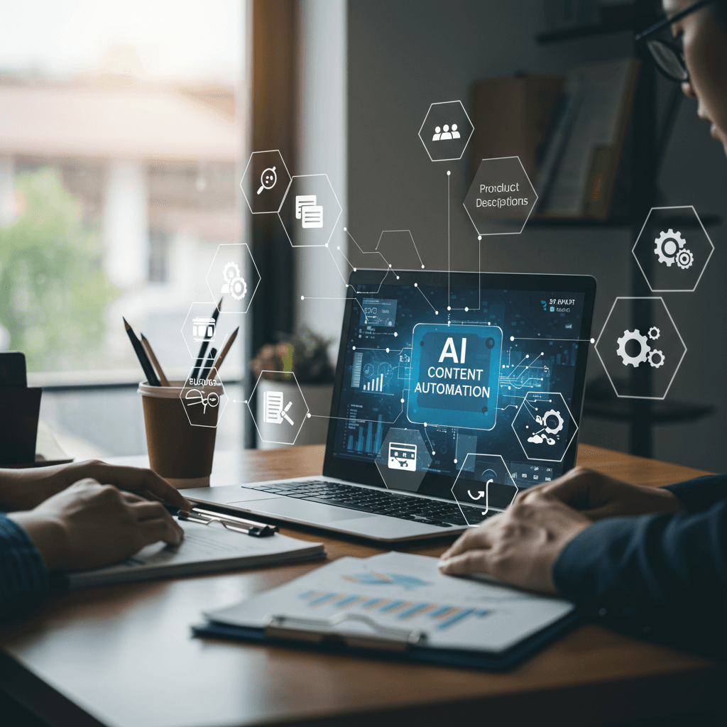 Modern office workspace with laptop showing AI content automation software, digital icons for blogs, product descriptions, marketing copy, and SEO, with diverse small business owners collaborating.