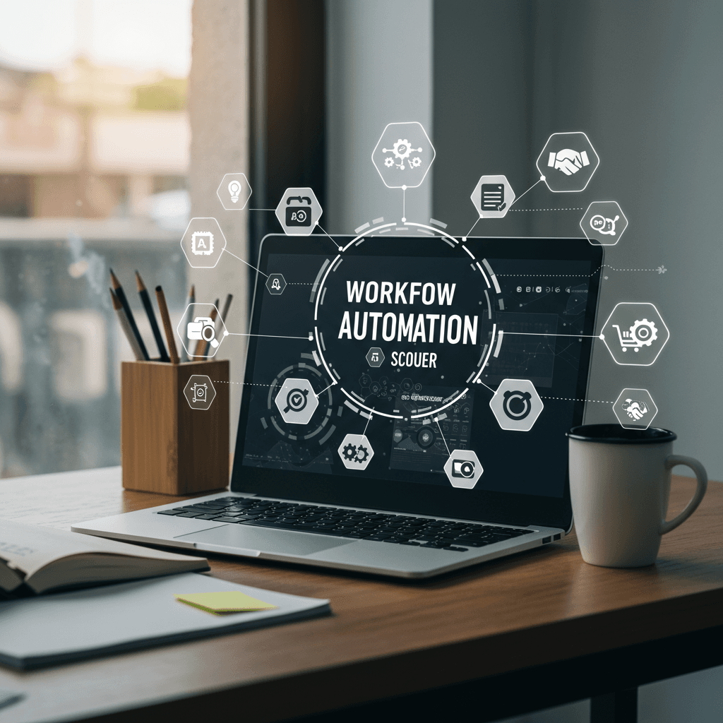 Modern office workspace with a laptop displaying workflow automation software surrounded by icons representing e-commerce, content management, AI, and no-code tools, symbolising SME productivity and integration with platforms like Shopify and WordPress