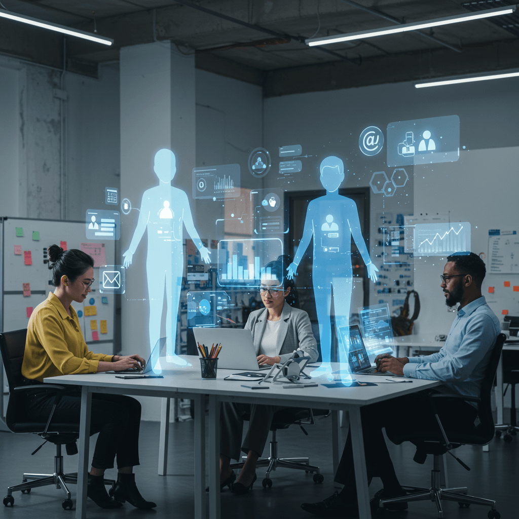 Diverse small business owners collaborating with AI virtual employees in a modern office, surrounded by digital marketing icons representing automation and integration with Shopify and WordPress platforms