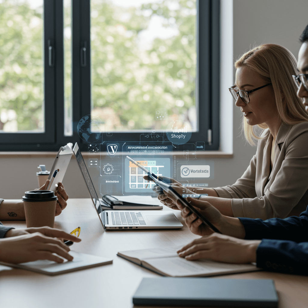 Small business team using AI technology for appointment scheduling with WordPress and Shopify integration in a modern office environment