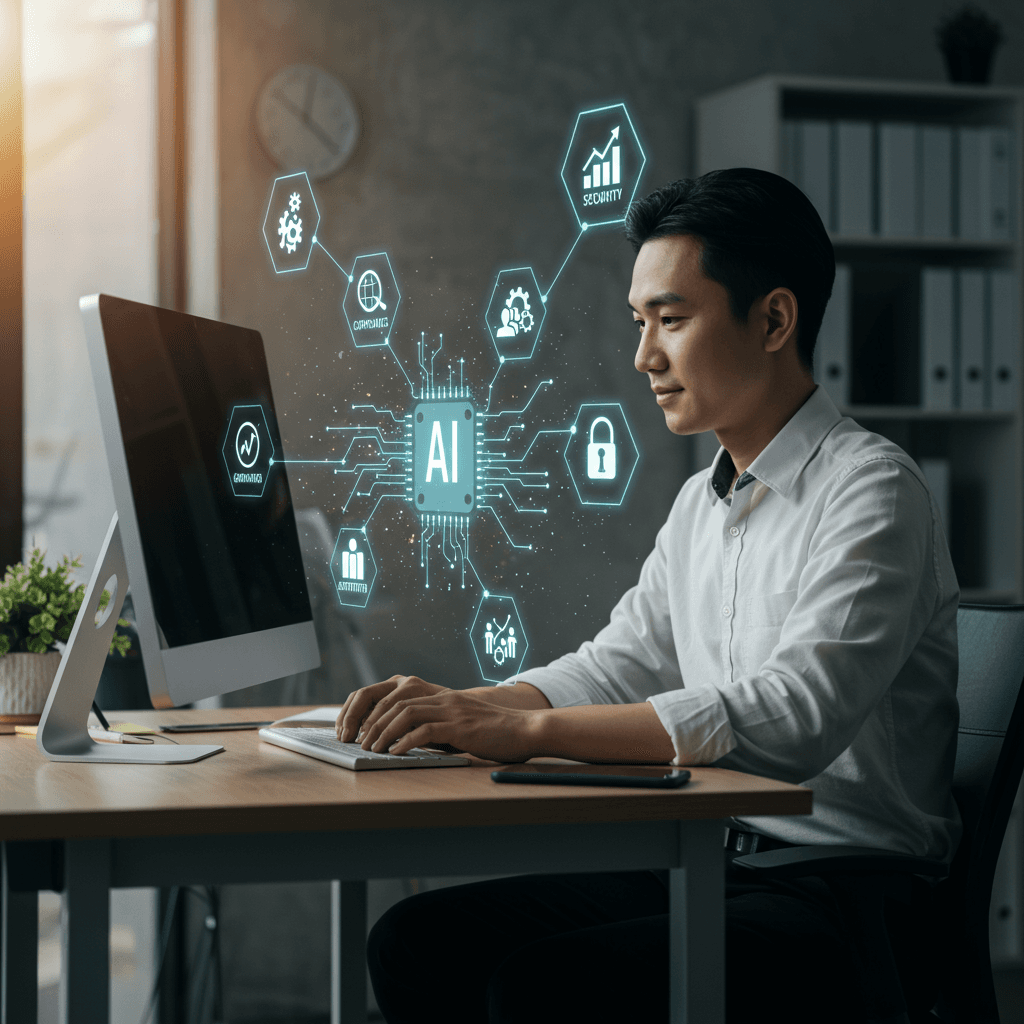 Small business owner working confidently with AI technology in a modern office, surrounded by digital icons representing compliance, automation, security, and growth.
