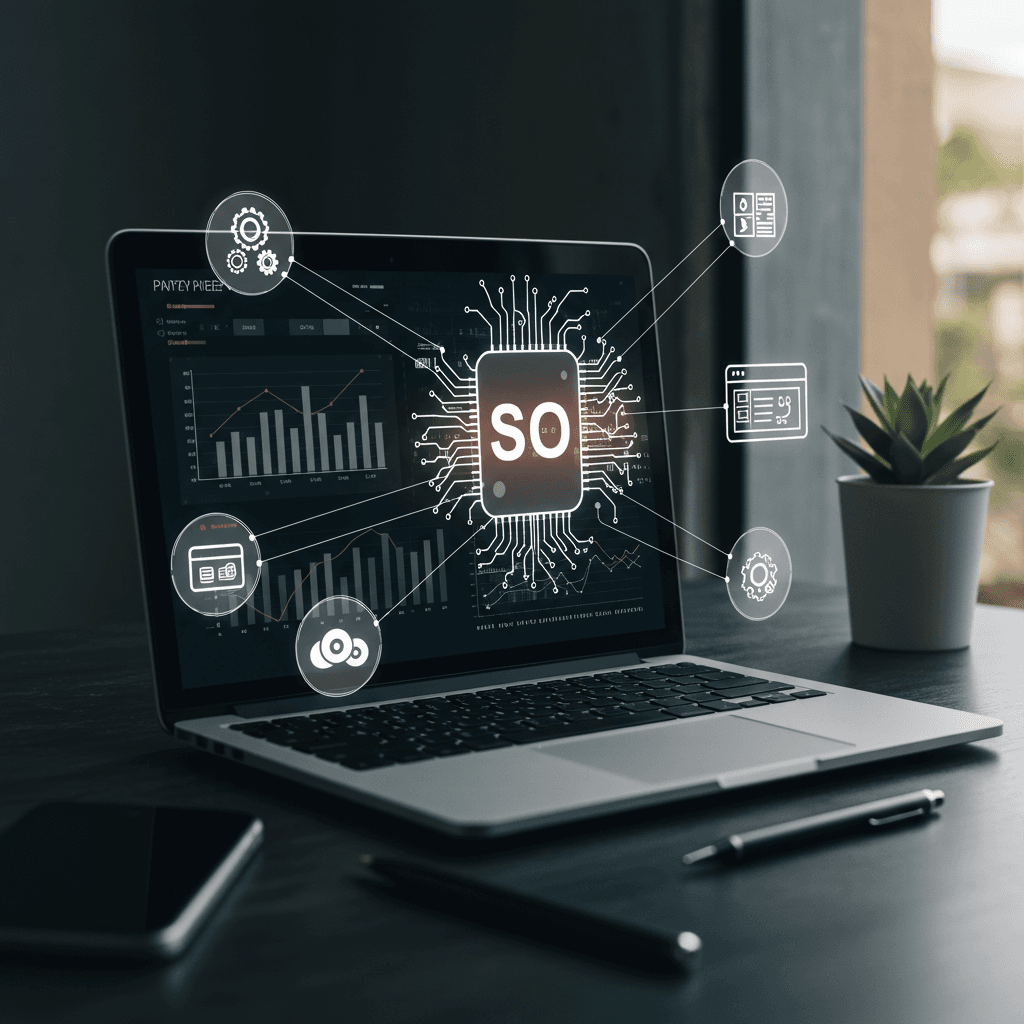 A modern digital workspace showing a laptop with SEO analytics on the screen, surrounded by AI icons and content creation elements, symbolising AI-driven SEO content automation for small and medium-sized businesses.