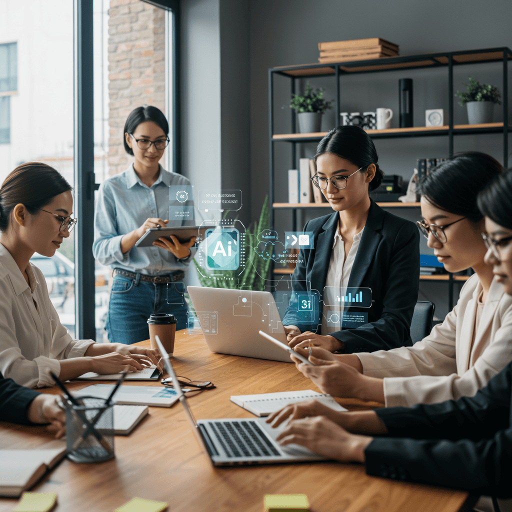 Illustration of small business team using AI agents dashboard in Agents24x7 brand colours