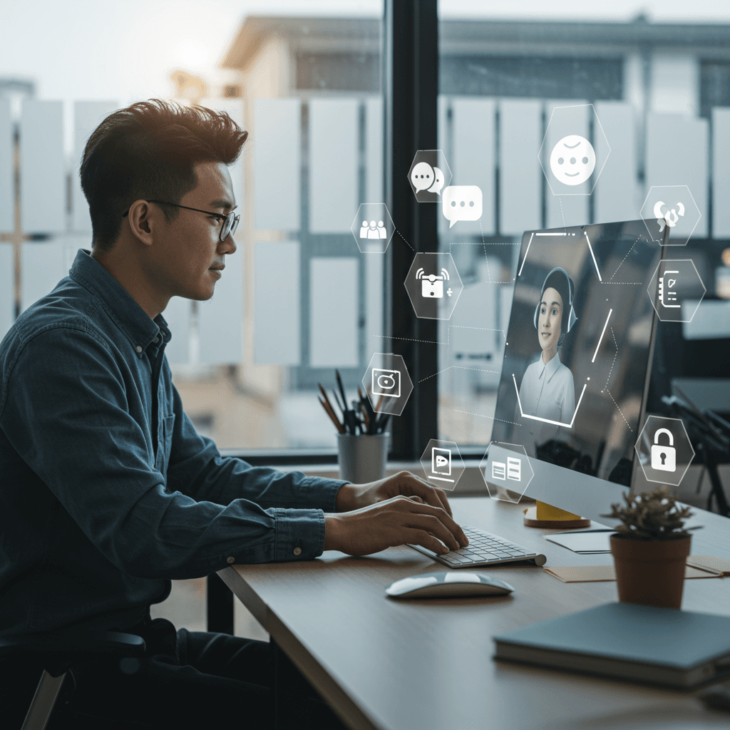 Small business owner interacting with AI virtual assistant on computer screen with icons of customer service automation in a modern office setting