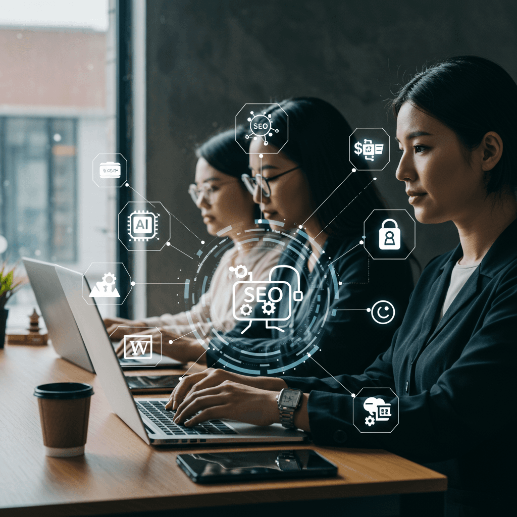Diverse small business team working with AI and SEO automation tools in a modern office environment
