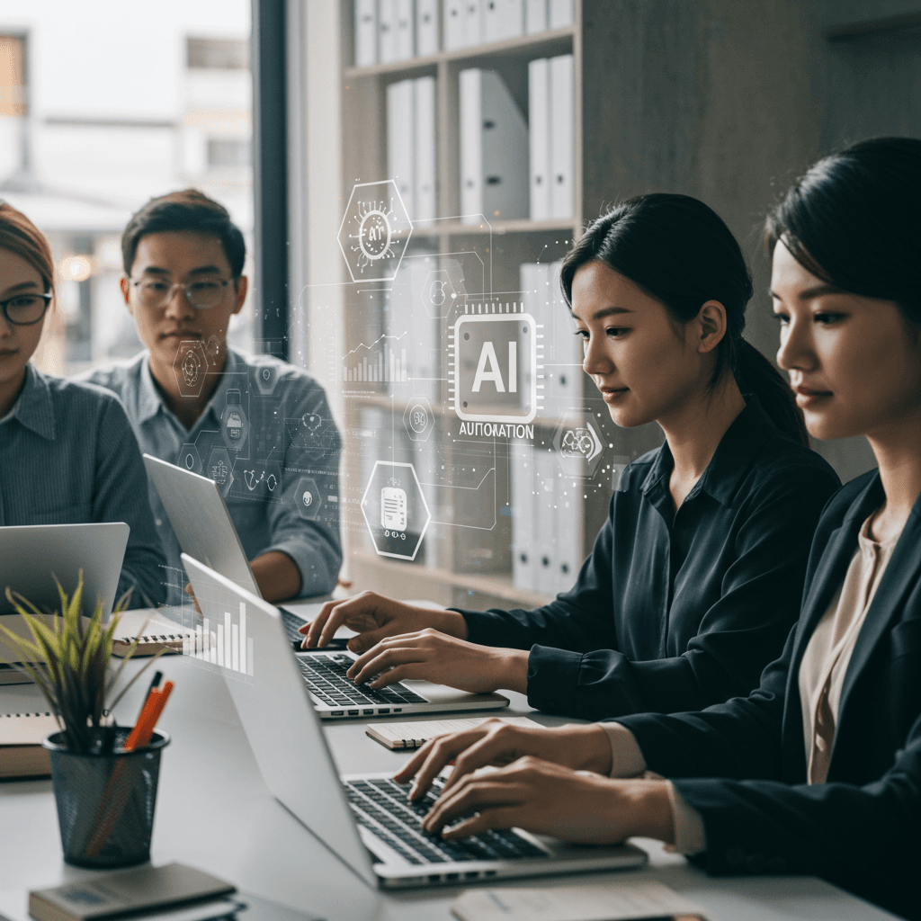 Diverse small business owners collaborating in a modern office with digital devices and AI automation icons, symbolising no-code AI automation and ROI measurement for SMEs