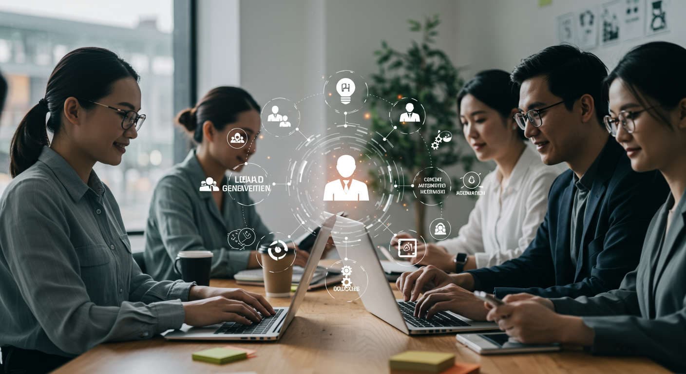Diverse small business owners and startup entrepreneurs using AI virtual employees for lead generation and marketing automation in a modern office environment
