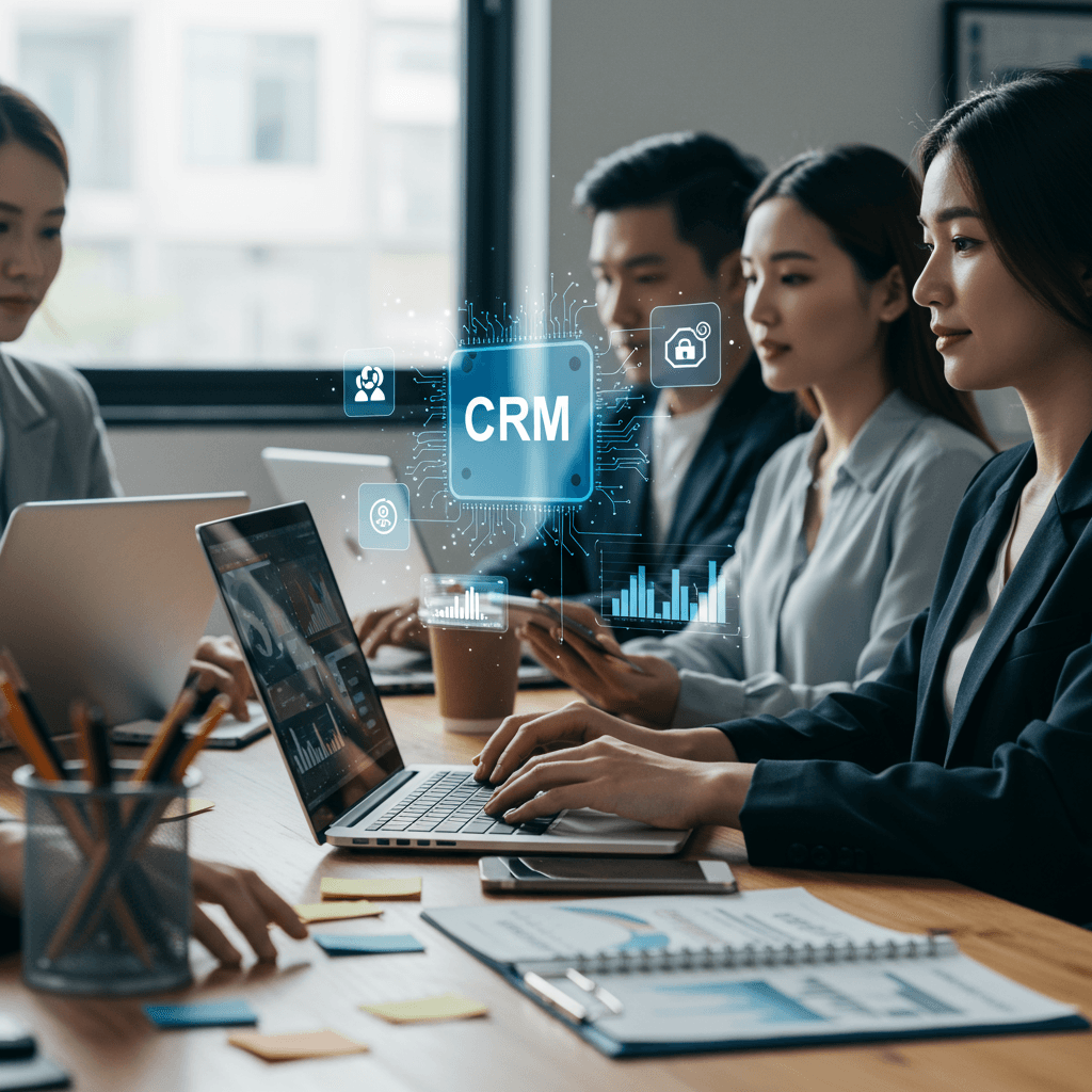 Diverse small business team using laptops and tablets with AI and CRM software interfaces in a modern office setting, illustrating AI agents integrating with CRM systems for sales and marketing automation.