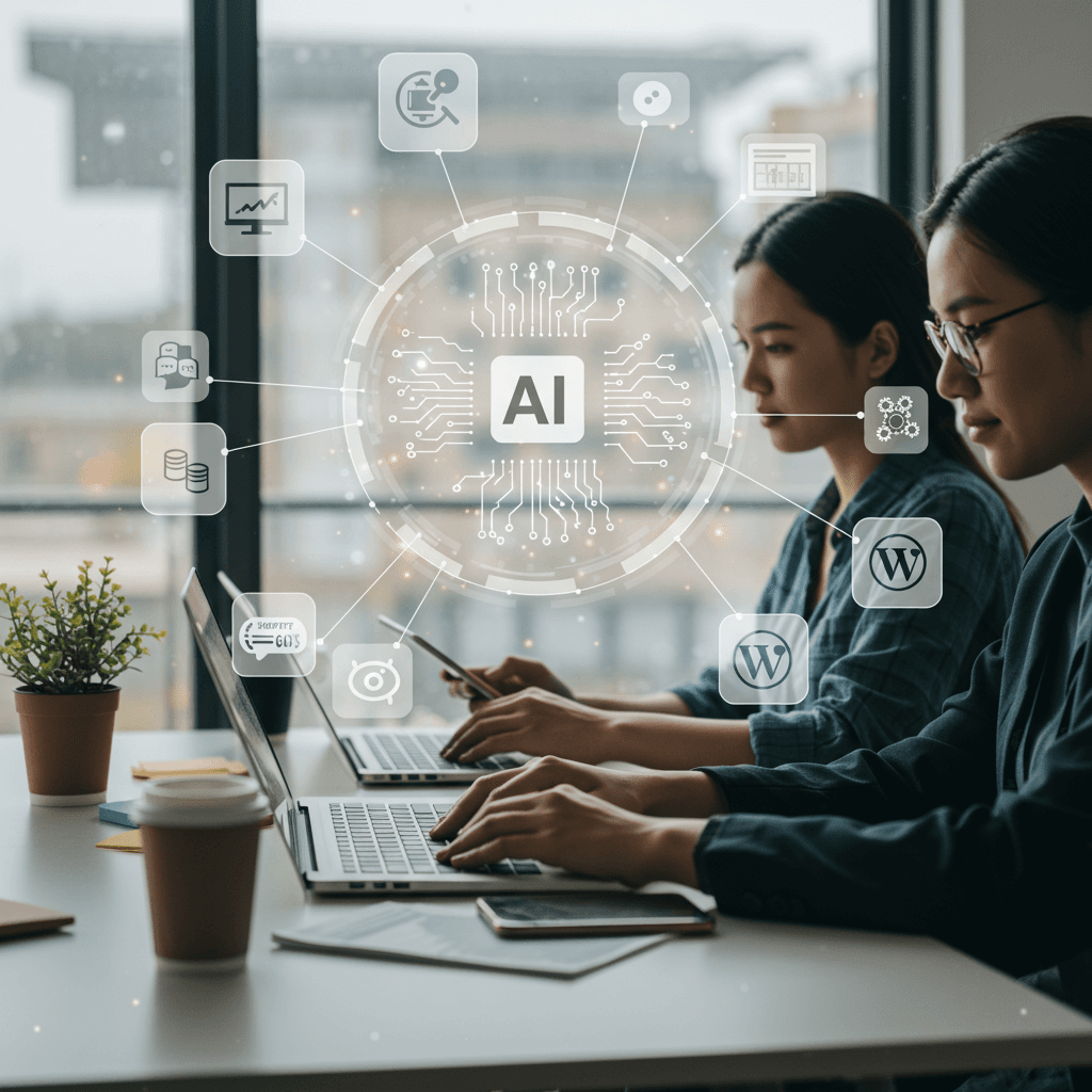Diverse small business owners using laptops and digital devices in a modern office, surrounded by icons of workflow automation, AI, Shopify, and WordPress, symbolising seamless technology integration and productivity.
