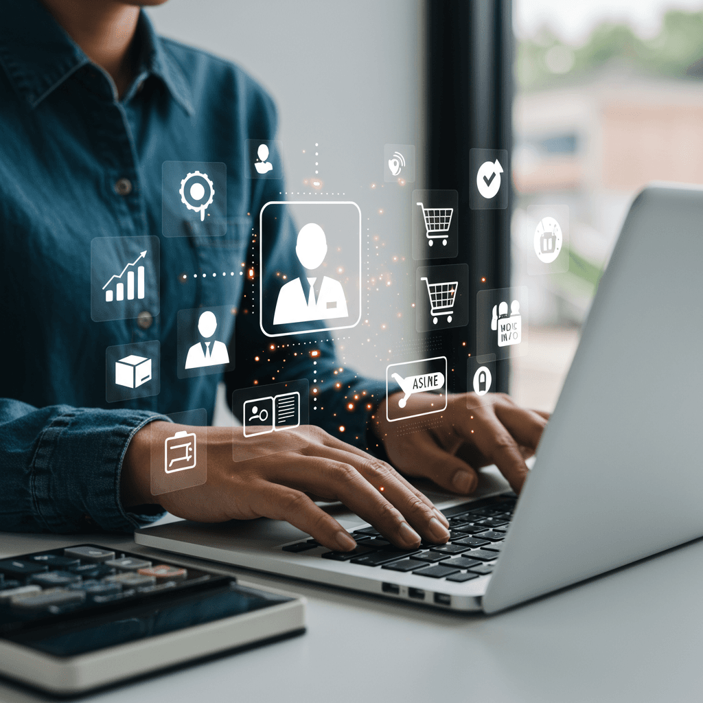 Small business owner using laptop with AI virtual employee icons and inventory management symbols representing automation and integration with Shopify and WordPress in a modern workspace