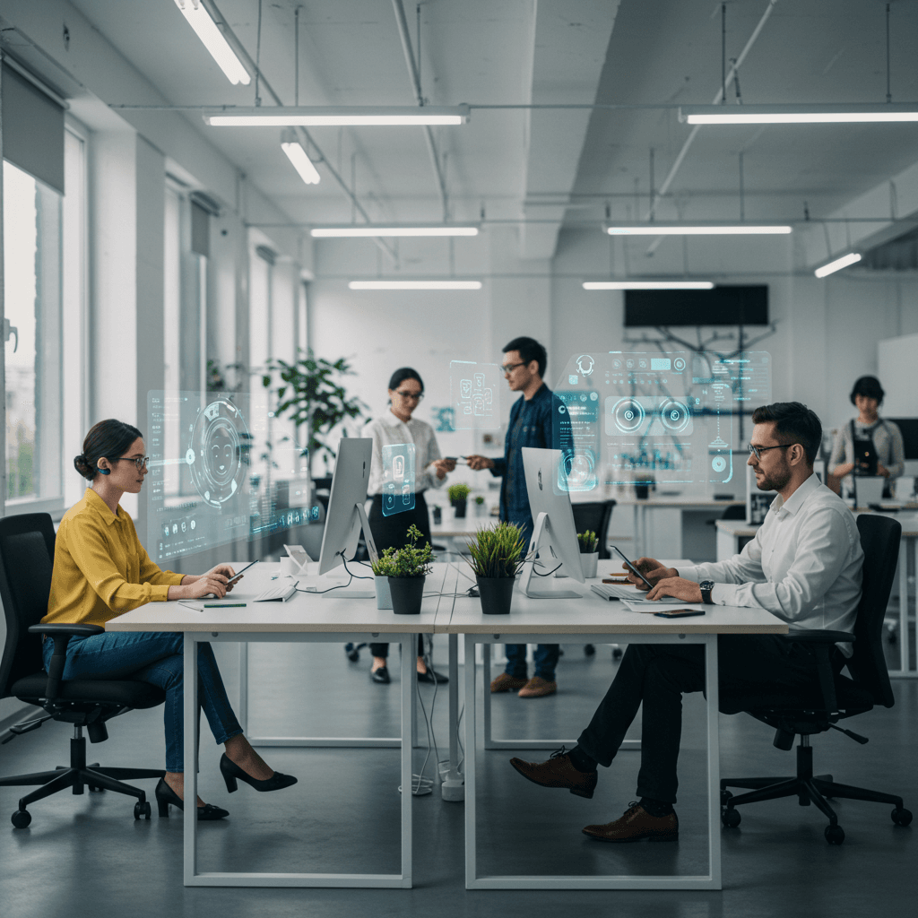 Diverse small business employees interacting with AI virtual assistants in a modern office environment, symbolising customer service automation for SMEs