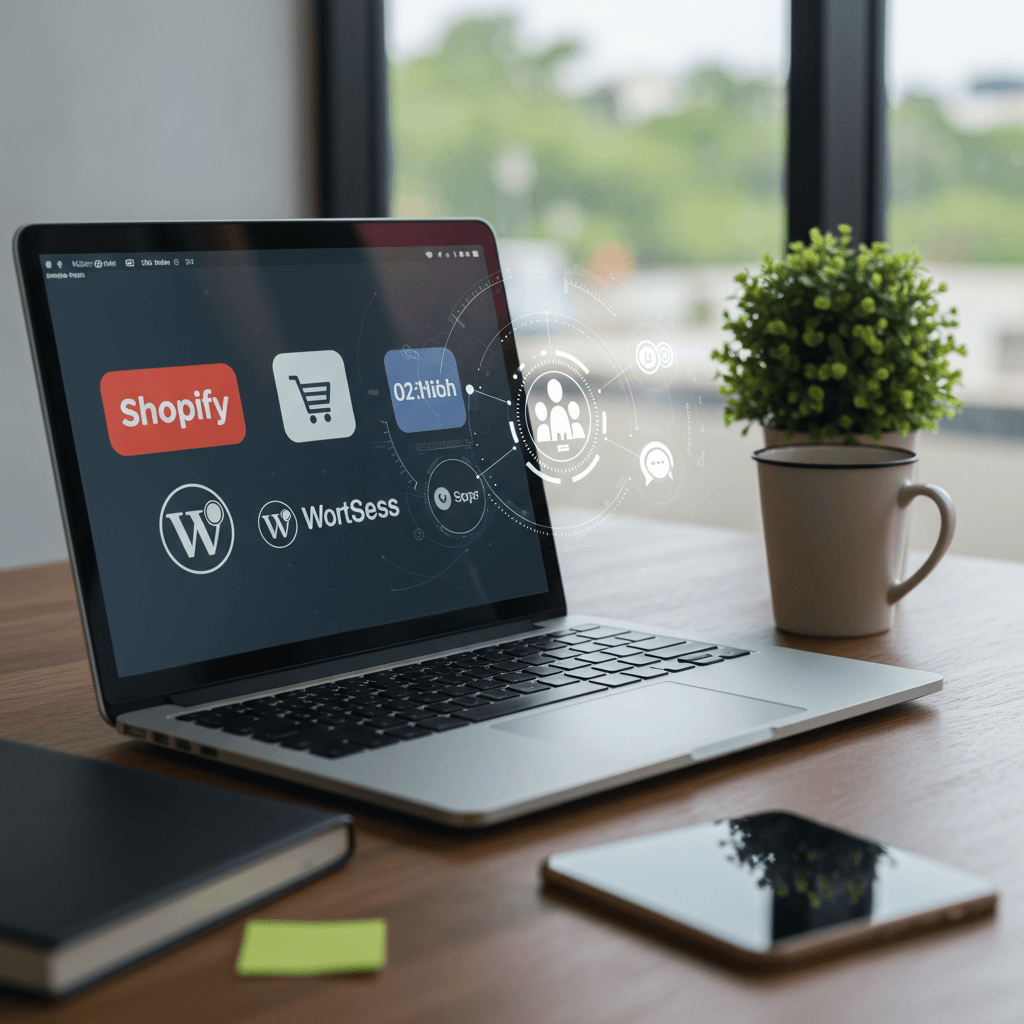 Small business office with laptop showing Shopify and WordPress logos, AI virtual assistant icons representing automation and virtual employees in e-commerce and marketing.