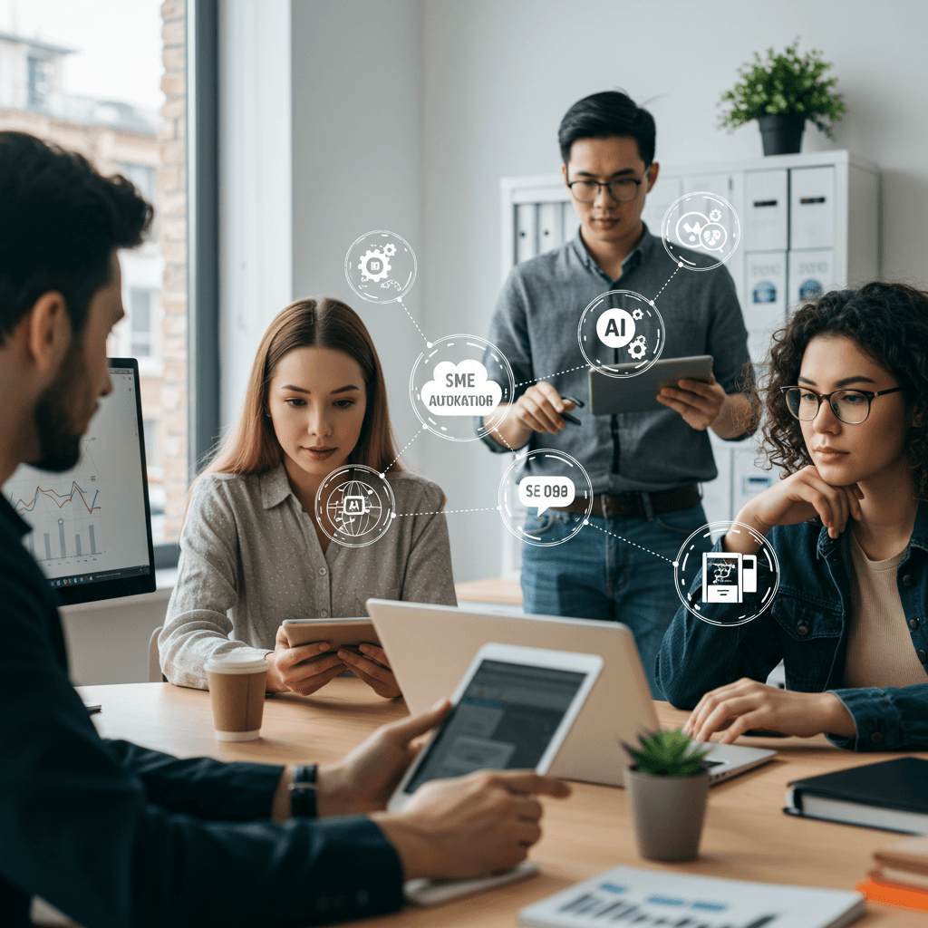 Diverse SME marketing team collaborating in a modern office with digital devices and AI automation icons representing no-code marketing workflows