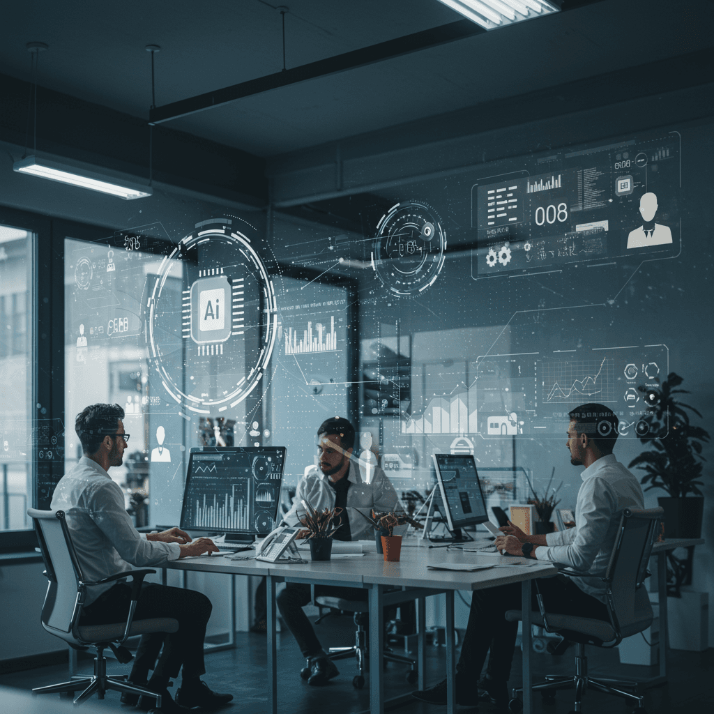 Futuristic office environment with AI agents and workflow automation, showing diverse professionals collaborating with AI technology and digital data streams for smart business process automation in SMEs